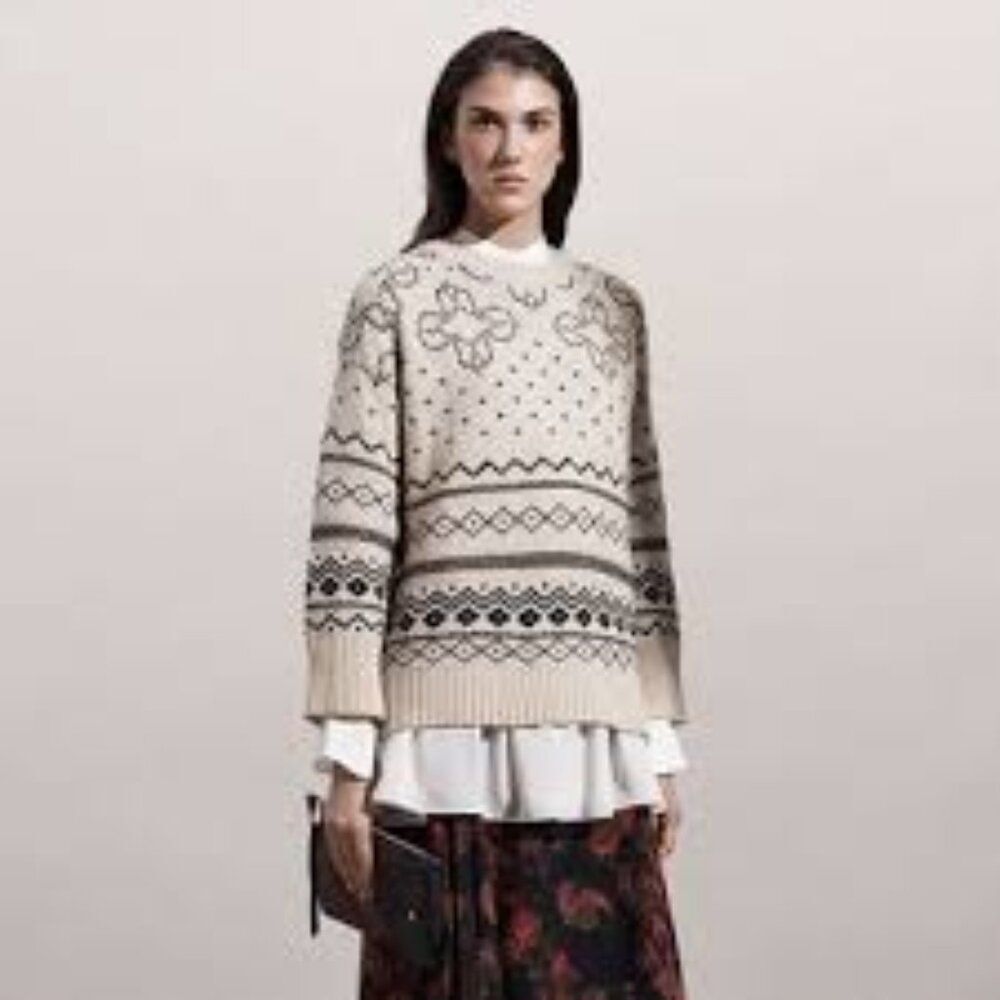 Thakoon Oversized Intarsia Ivory/black Wool Blend Fair Isle warm sweater MED